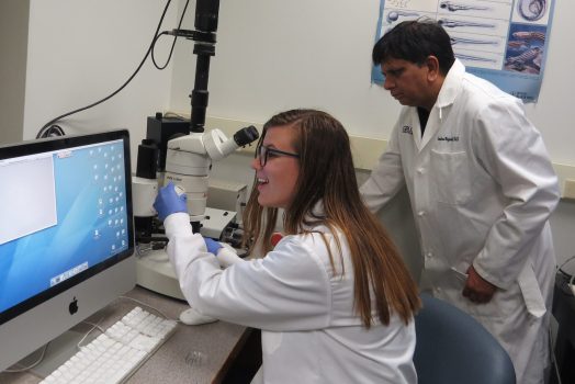 woman and man look at a computer in a lab