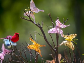 artwork of a cardinal and several colorful butterflies on a brown tree