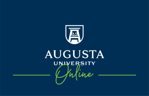 augusta university online logo, white and green text on blue background