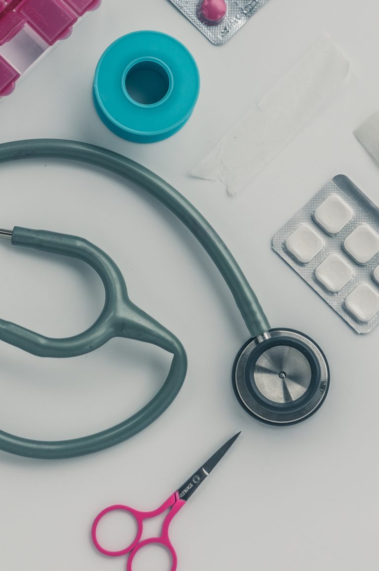 medical instruments on a tray