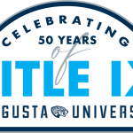 a blue and gray logo that reads 'celebrating 50 years of Title IX, Augusta University'