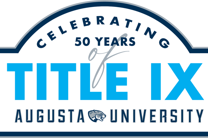 a blue and gray logo that reads 'celebrating 50 years of Title IX, Augusta University'