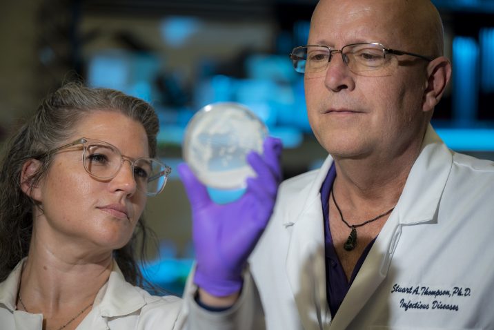 Close up of woman with glasses and man with glasses looking at petri dish