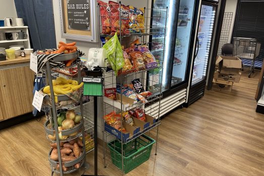 Store with fruits and vegetables in a basket