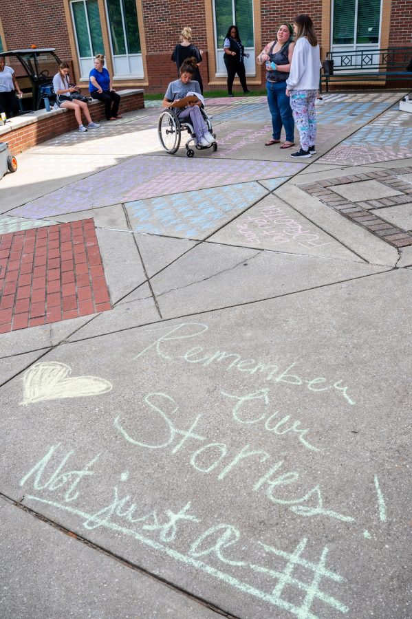 students use chalk on the sidewalk 