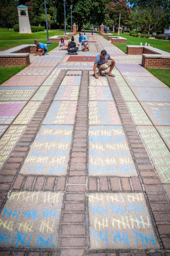 student uses chalk on the sidewalk 