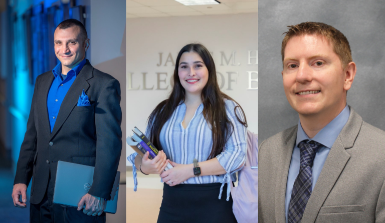 Three separate photos of two men and one woman