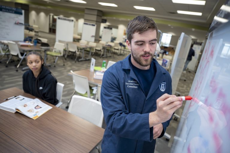 Male teacher at white board teaching student