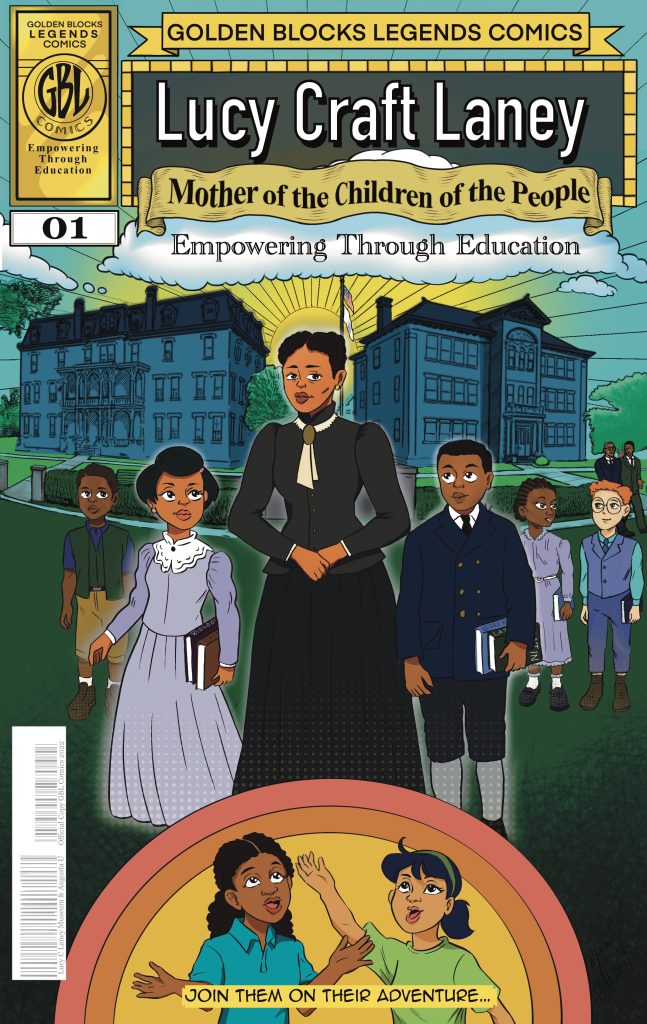 A comic book cover featuring an older woman and five kids with two buildings in the background.