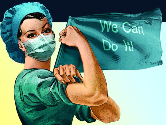 graphic illustration showing female health care profession in scrubs, surgical cap, and mask rolling a sleeve up to show her bicep with a flag behind her saying "We can do it!"