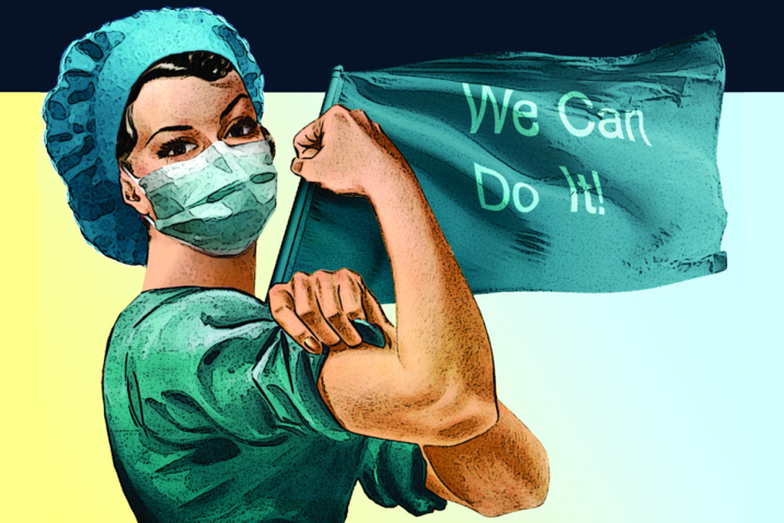 graphic illustration showing female health care profession in scrubs, surgical cap, and mask rolling a sleeve up to show her bicep with a flag behind her saying "We can do it!"