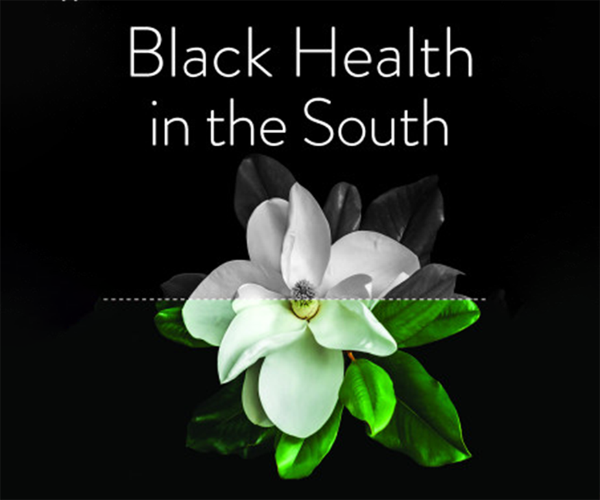 cover art for the book Black Health in the South featuring a black background and a magnolia bloom, half in color half in black and white.