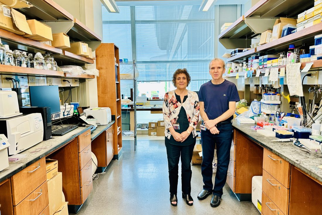Man and woman standing in research lab