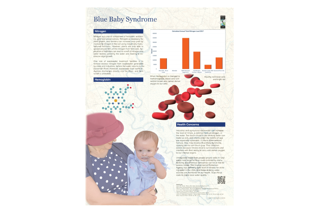 Scientific illustration describing blue baby syndrome and how it relates to water ecology.