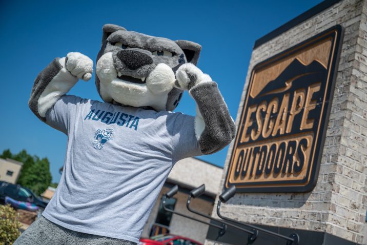 Augustus the mascot at Escape Outdoors.