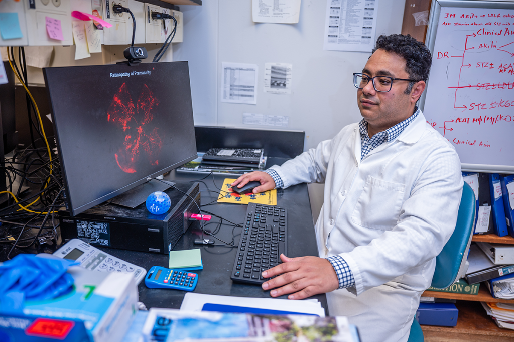 A male scientist sits at a computer in a lab and looks at images from a microscope. 