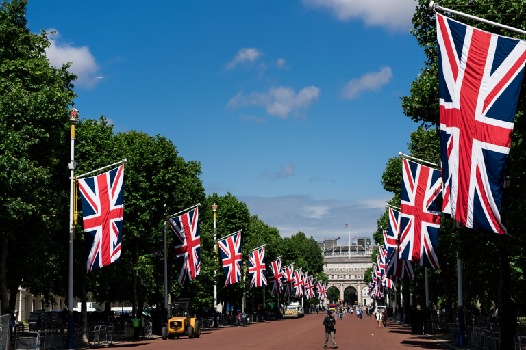 Union Jack flags line a street in England