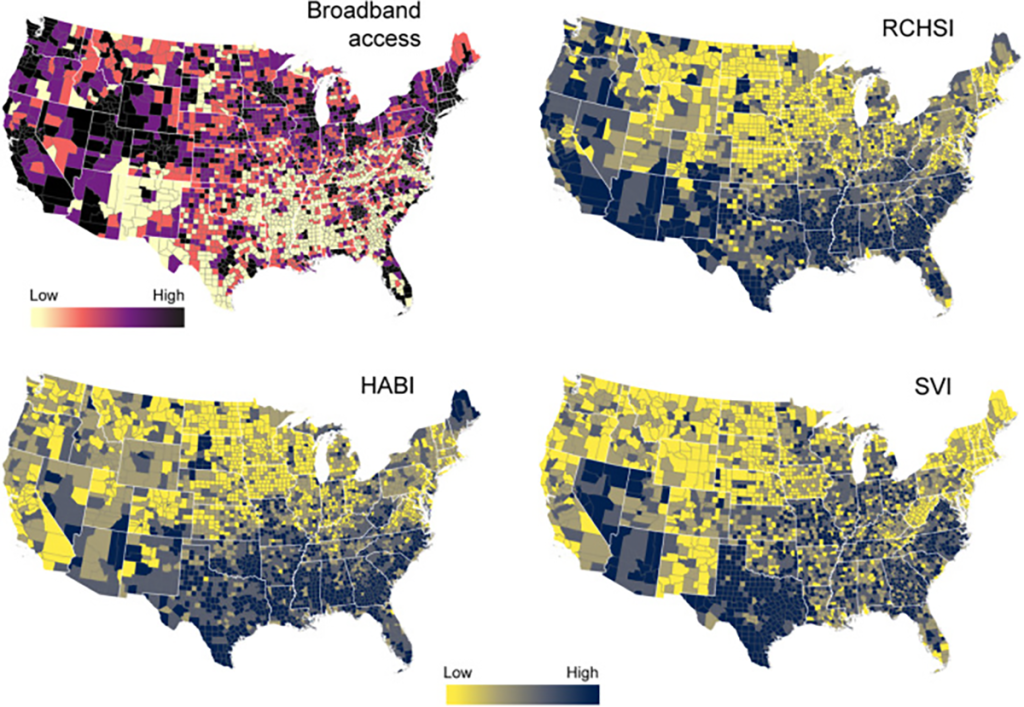 Maps showing broadband access and health care systems in the US
