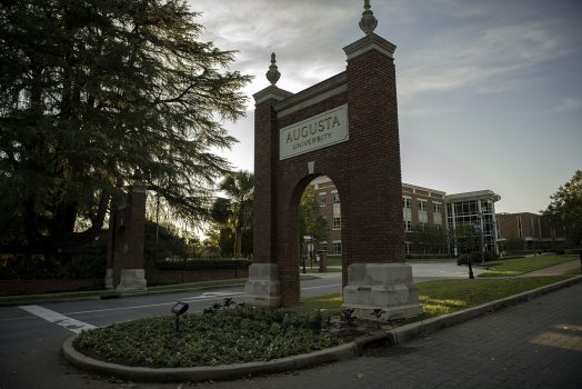 The entrance sign to Augusta University on the Summerville campus with the sun setting to the left of it behind a tree