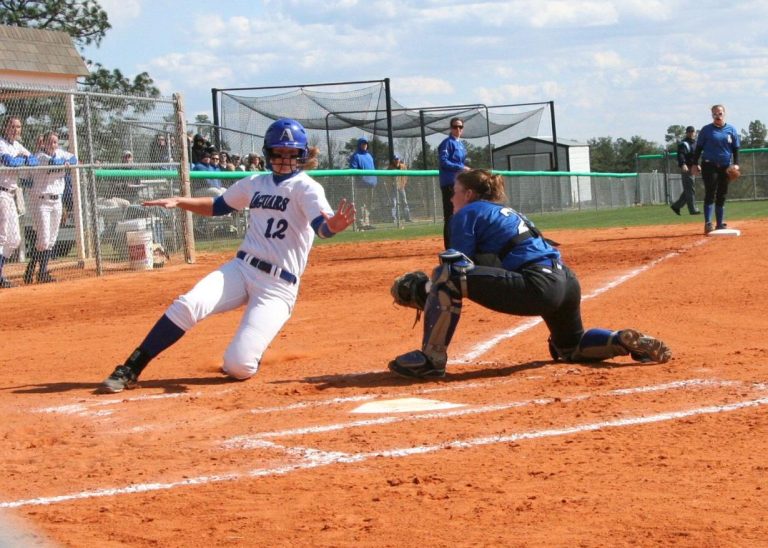 Woman sliding into home while avoiding a tag from catcher