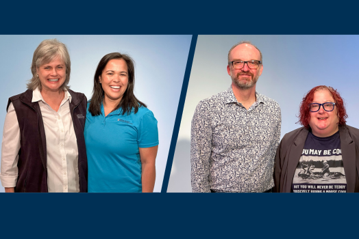 Graphic of two photos featuring Augusta University faculty Quentin Davis, PhD, and Hannah Bennett, PhD and Andrew Goss, PhD; Ruth McClelland-Nugent, PhD