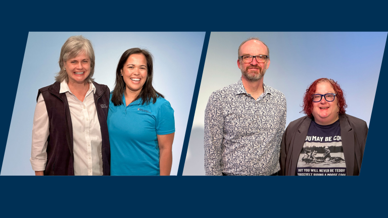 Graphic of two photos featuring Augusta University faculty Quentin Davis, PhD, and Hannah Bennett, PhD and Andrew Goss, PhD; Ruth McClelland-Nugent, PhD
