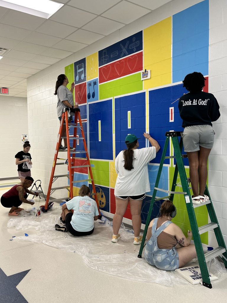 Students painting a wall