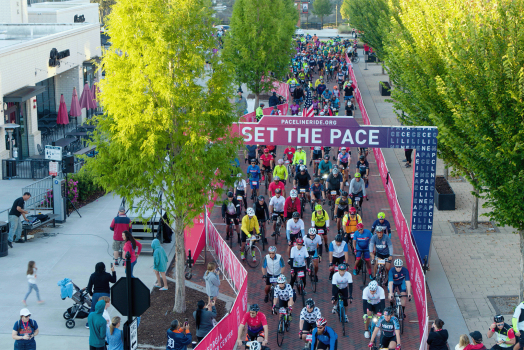 Overhead shot of people riding through downtown Augusta