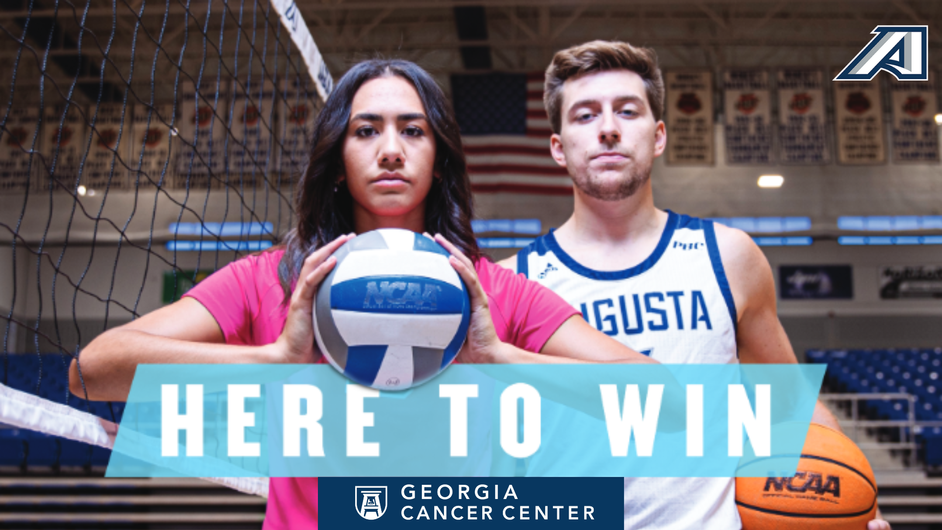 Picture of volleyball player and basketball player with caption "here to win"