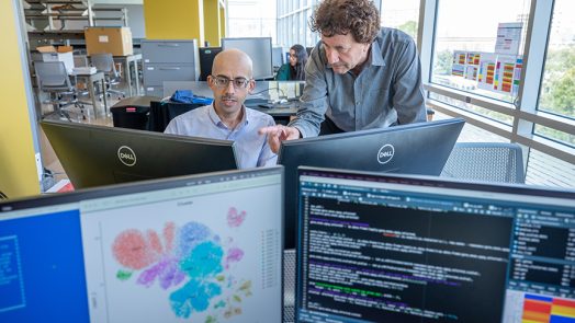 Two men working at computer