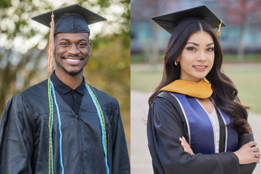 A college man and woman with their graduation gowns on