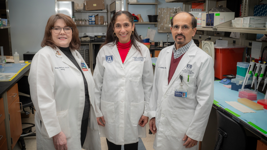 Three researchers, including two women and one man, stand in a lab and pose for a photo.