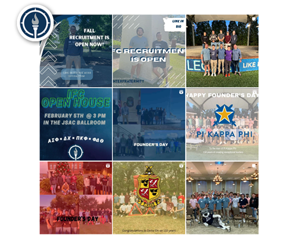 a screenshot of IFC's post on Instagram. It is made up of 9 square images -- 3 photos in 3 rows. The photos are faded group images with words in the foreground. They say "Fall recruitment is open now!" "IFC recruitment is open" "IFC open house February 5th at 3 p.m. in the JSAC Ballroom" "Founder's Day" "Happy Founder's Day Pi Kappa Phi" "Founder's Day" and "Congratulations to Delta Chi on 132 years." Two of the photos are group photos with no words. One is 10 students in two lines on the stage at the Amphitheater and the other is a large group photo in the JSAC Ballroom with Augustus laying on the floor in the front.