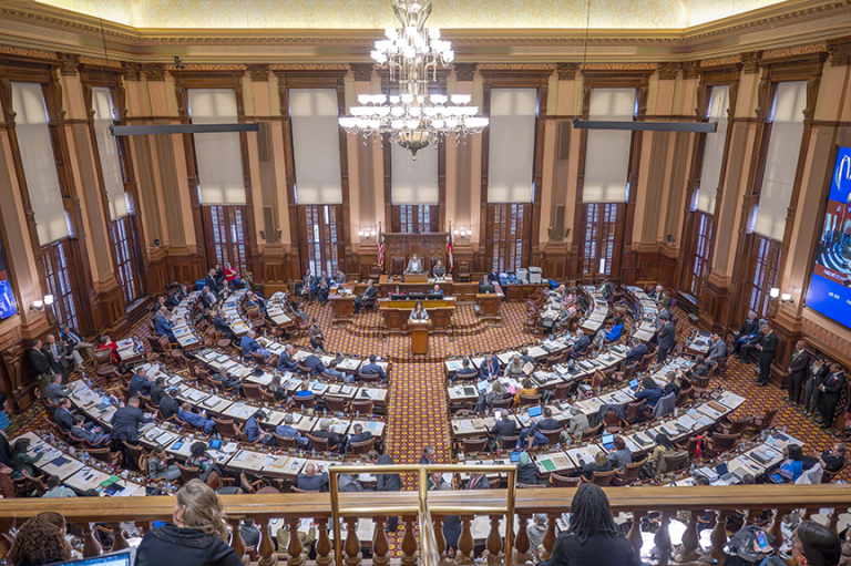 The inside of a large state government capitol building.