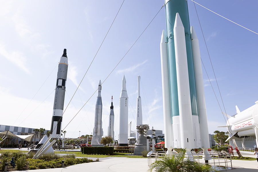 Old rockets are used as a display at NASA's Kennedy Space Center in Cape Canaveral, Florida.