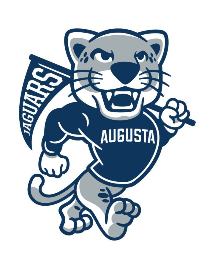 Logo for college mascot in the form of a jaguar wearing a sweatshirt with "Augusta" across the chest, holding a flag with "Jaguars" on it.