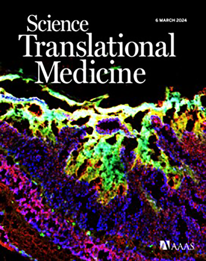 The cover of the March 2024 issue of "Science Translational Medicine" features a microscopic image.