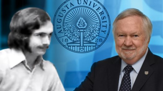 A graphic depicting a man next to an older photo of himself with the seal of Augusta University behind him.
