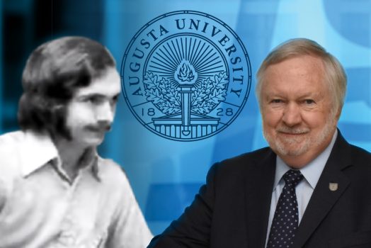 A graphic depicting a man next to an older photo of himself with the seal of Augusta University behind him.