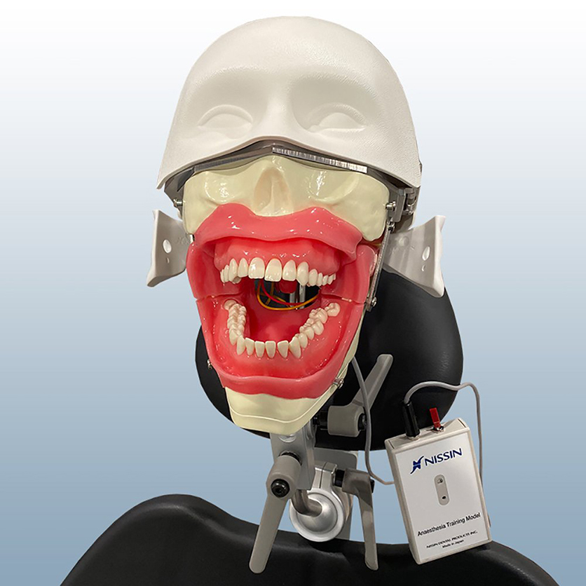 A 3D-model of a medical practice manikin sitting in a medical examination chair.