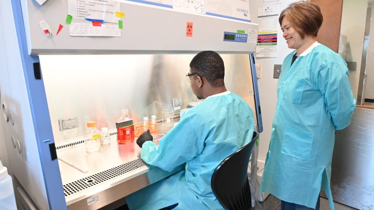 Two people in research laboratory