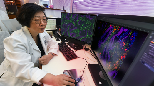 A woman wearing a scientific lab coat sits at a computer with two screens and uses the mouse to look at different areas of some microscopic images.