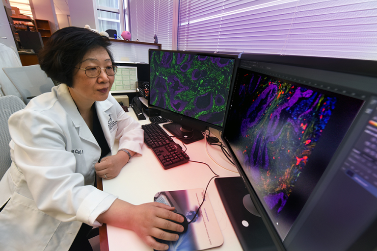 A woman wearing a scientific lab coat sits at a computer with two screens and uses the mouse to look at different areas of some microscopic images.