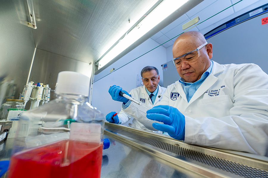 Two male scientists work on an experiment inside a lab. One is using a plastic syringe to put a liquid into a vial while the other watches from just behind.