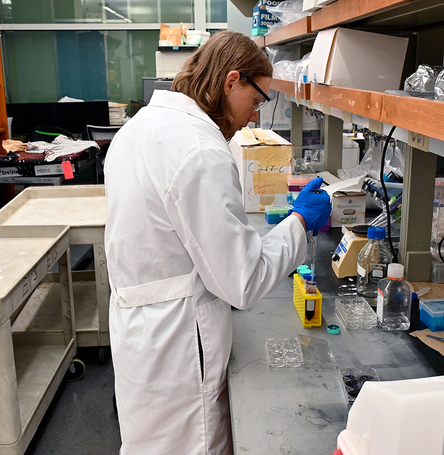 A male high school student uses a pipette to take samples from a test tube and place them into another container. He is wearing a lab coat, gloves and special eye-protection.