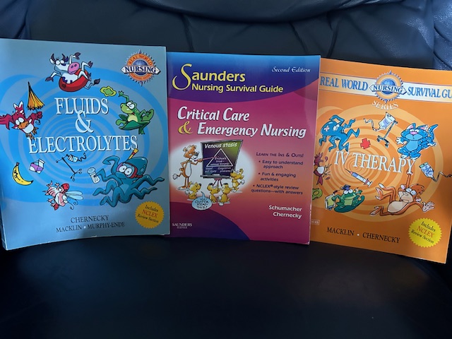 Three books pictured side by side include one on fluids and electrolytes, one on critical care and emergency nursing and one on IV therapy.