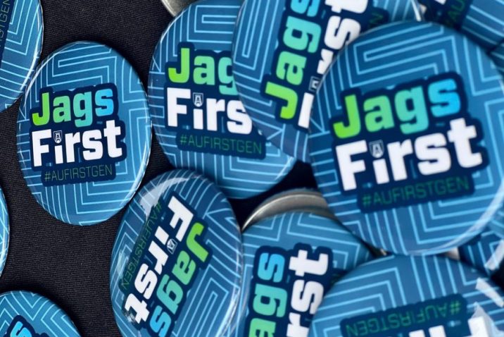 Blue push pin buttons that read "Jags First."