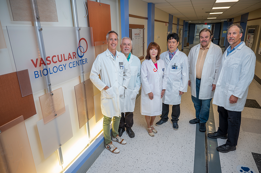 A group of medical researchers stand in a hallway in front of a sign that reads, "Vascular Biology Center."