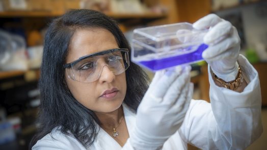 Woman wearing protective glasses and white gloves holds and stares at purple liquid