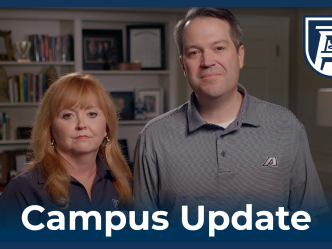 Photo of President Keen and First Lady Karen Keen with graphic "Campus Update"